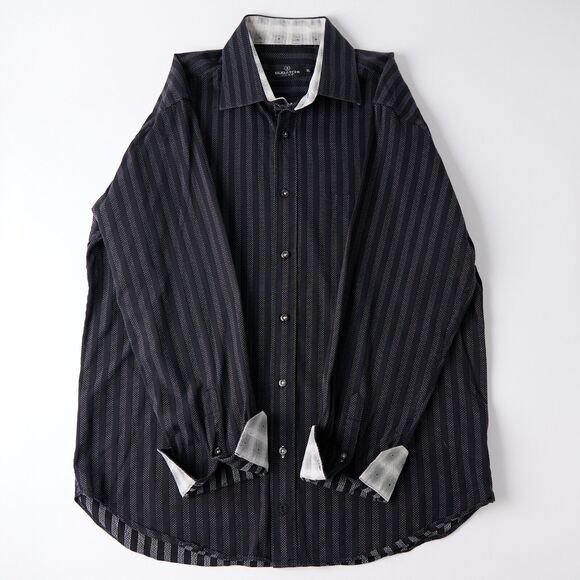 Bugatchi Uomo Shirt XL Black Striped Button-Up Men Long Sleeve Classic Going out - Picture 8 of 12